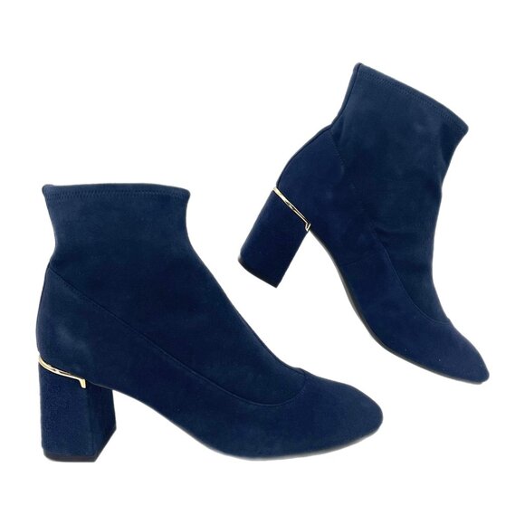 Cole Haan Blue Suede Stretch Booties | Almond Toe, Block Heel - Picture 1 of 9